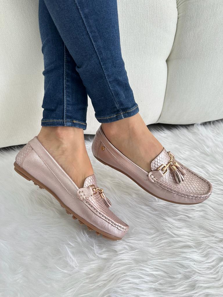 Mocassine en cuero Perla Oro Rosa